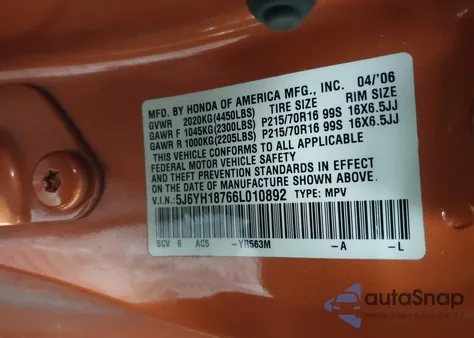 2006 Honda Element Ex-P z USA, uszkodzony, nr VIN 5J6YH18766L010892